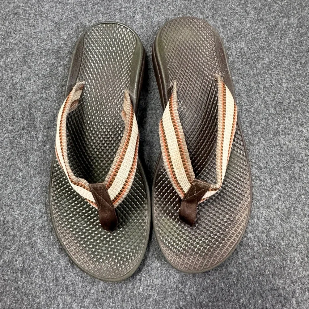 Chaco Chillos Flip Flop Sandals Brown Striped Webbing LUVSEAT Footbed Mens 10